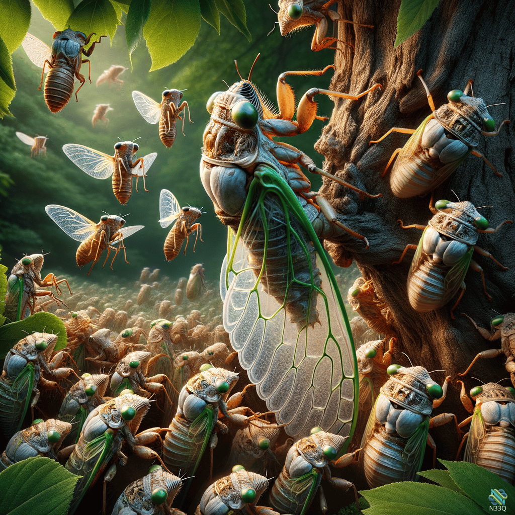 Swarm of Cicadas on Tree Trunk