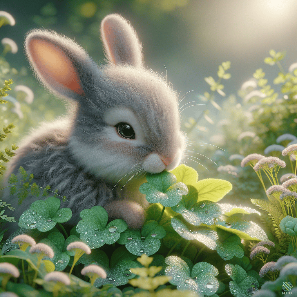 Fluffy Gray Rabbit Among Dewy Clover