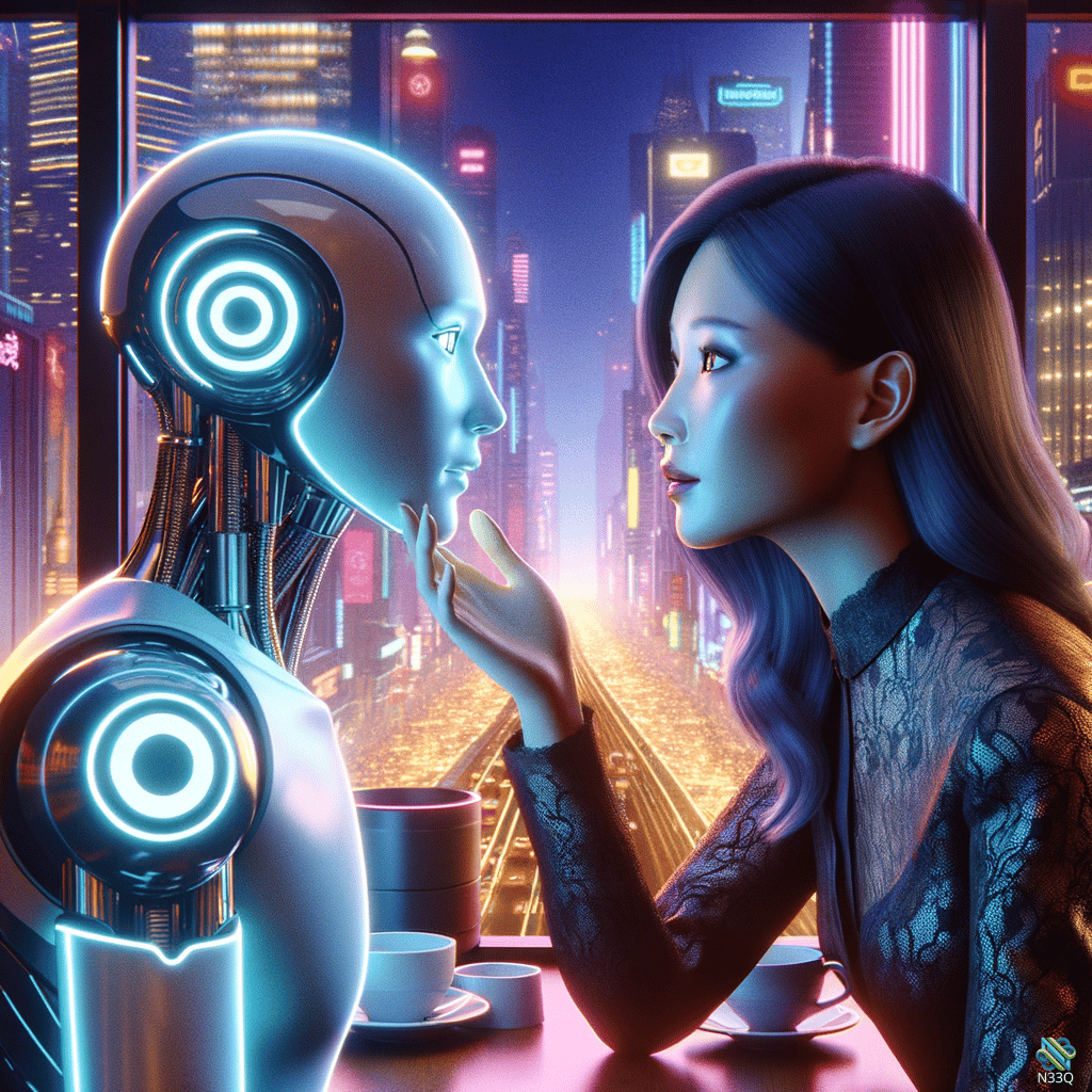 Robot and Woman in Neon City Cafe