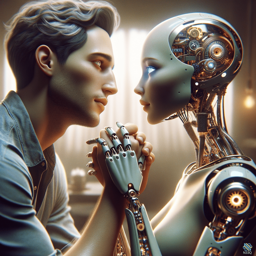Man and Female Android Holding Hands