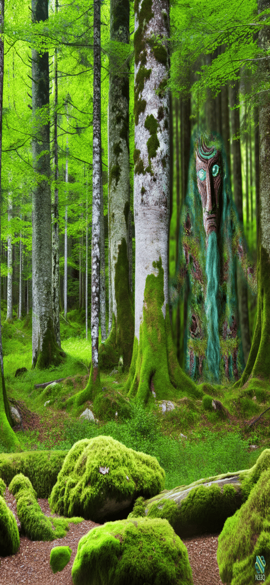 Tree Spirit with Turquoise Waterfall in Mossy Forest