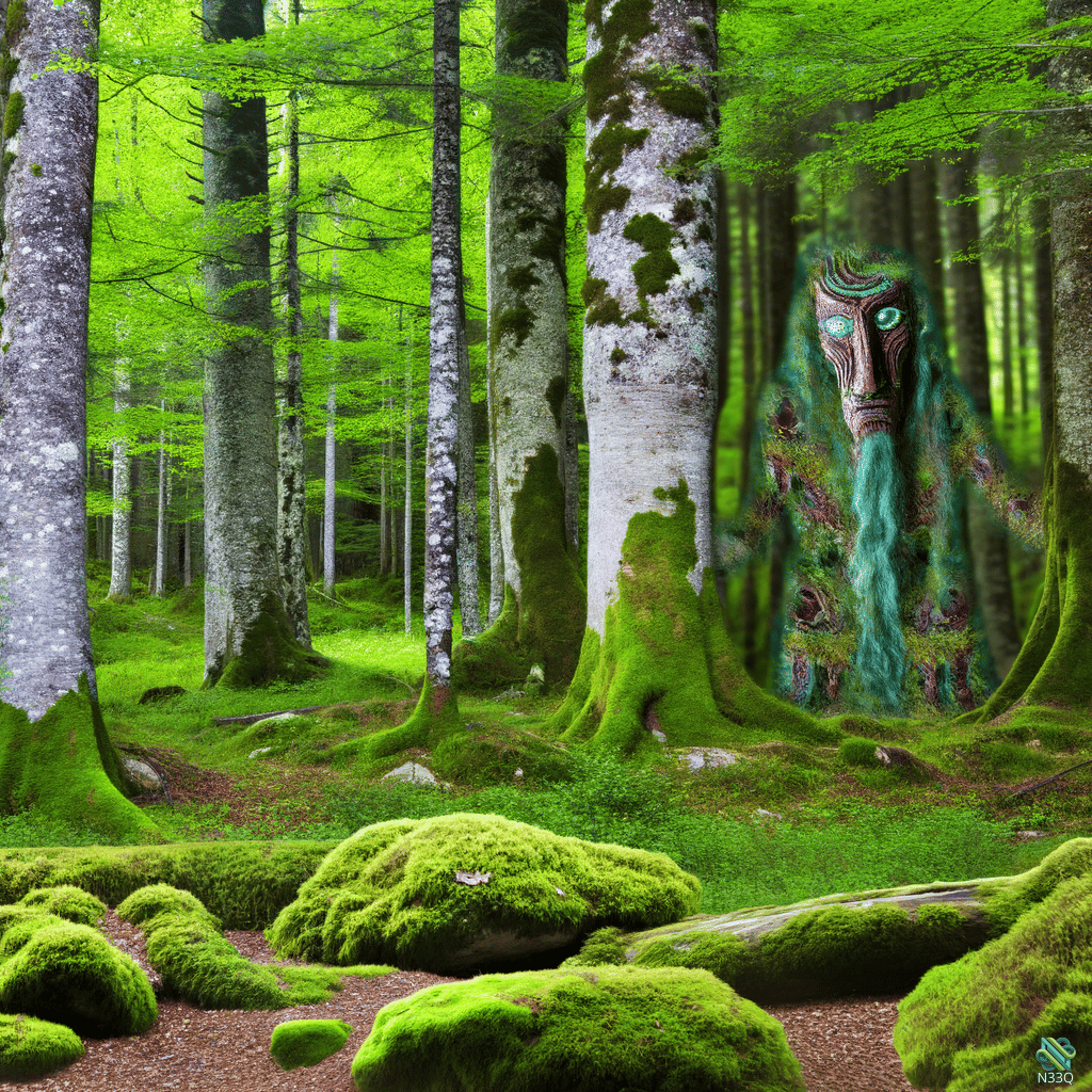 Tree Spirit with Turquoise Waterfall in Mossy Forest