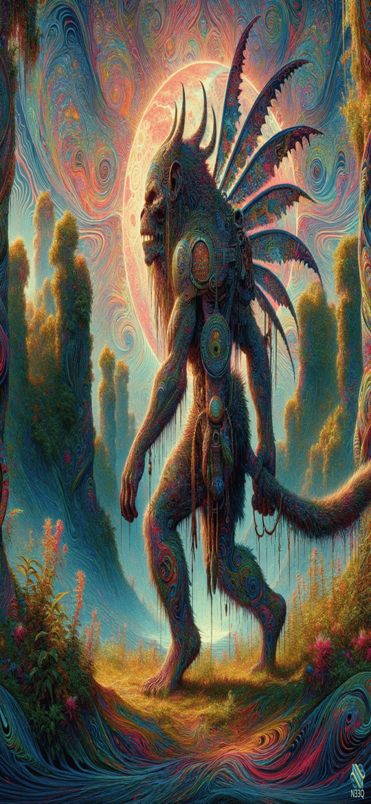 Winged Sasquatch in Psychedelic Forest