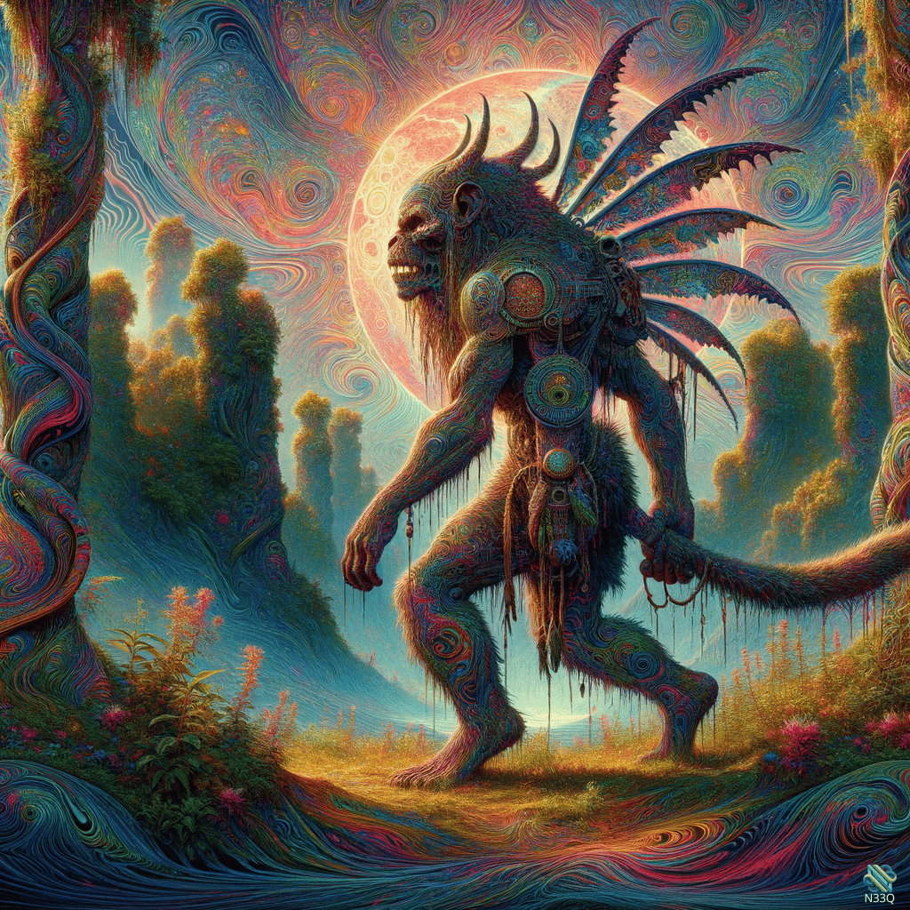 Winged Sasquatch in Psychedelic Forest
