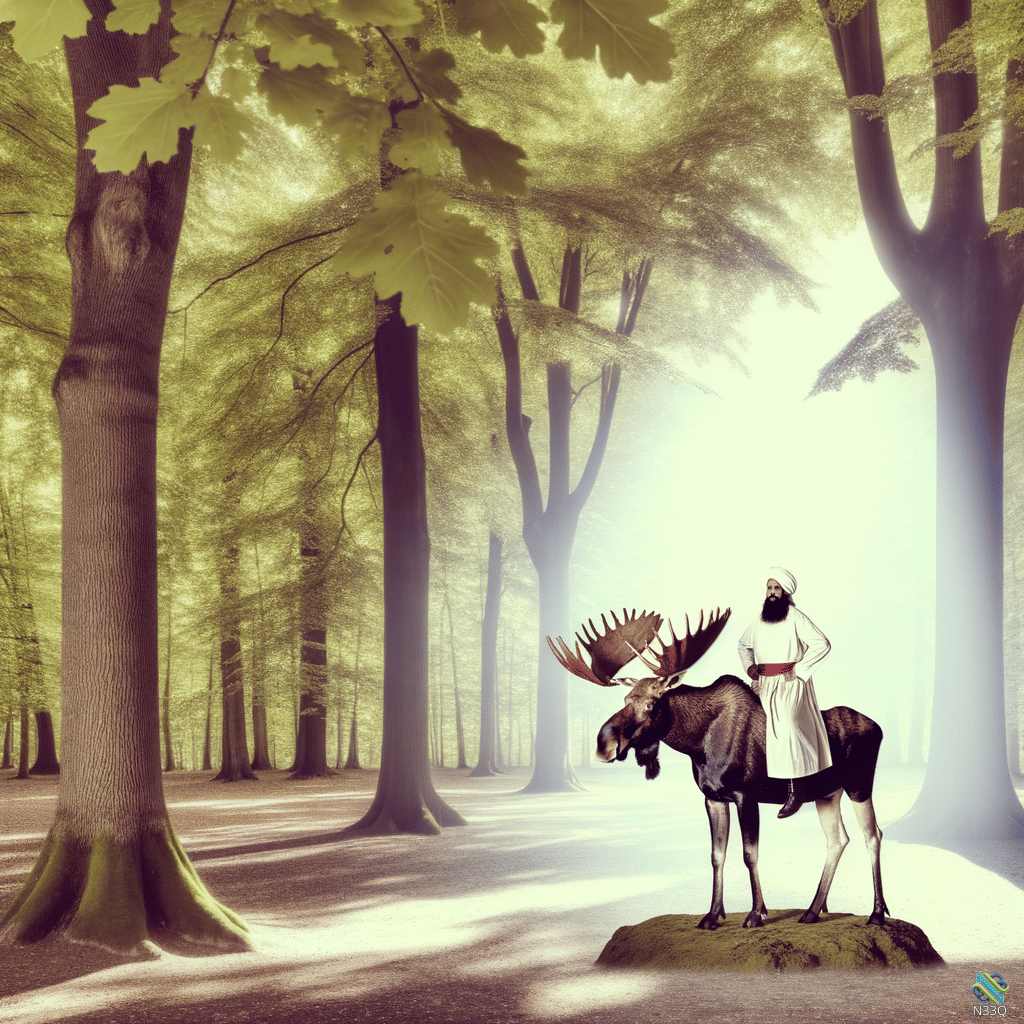 Man in Turban Riding Moose in Forest