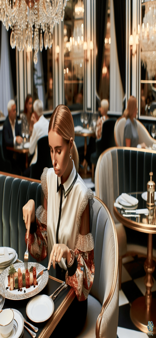 Woman Eating Sushi in Opulent Restaurant