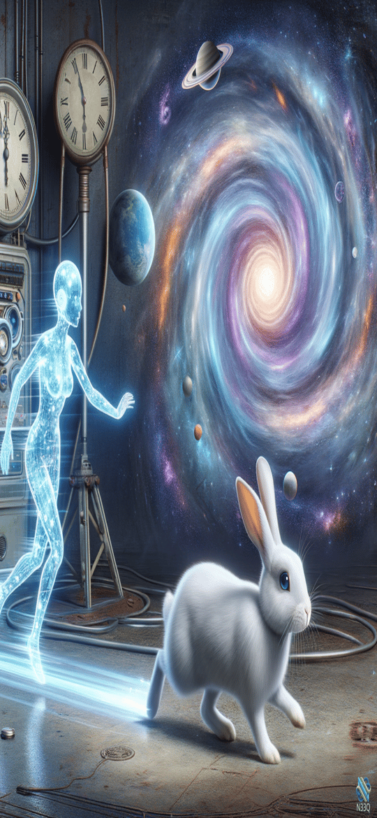 Holographic Woman and Rabbit Before Galaxy