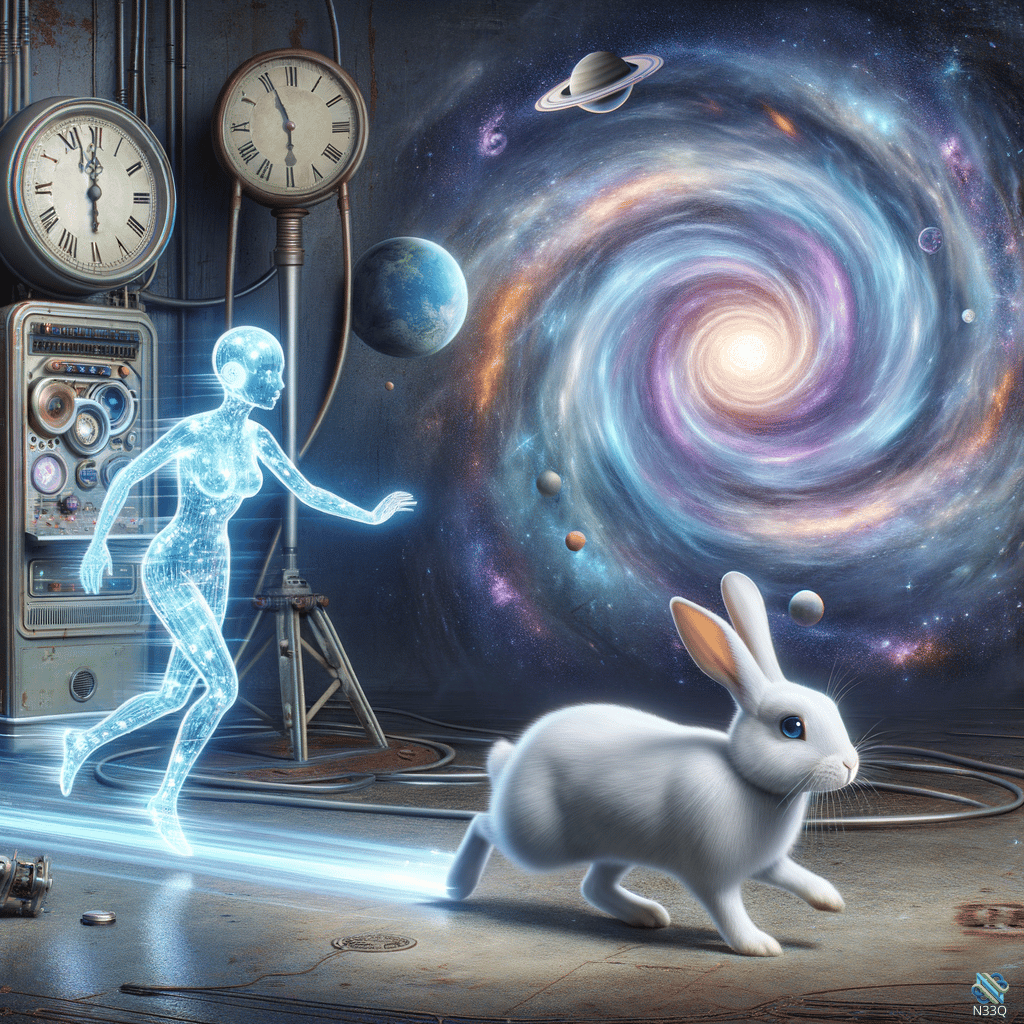 Holographic Woman and Rabbit Before Galaxy