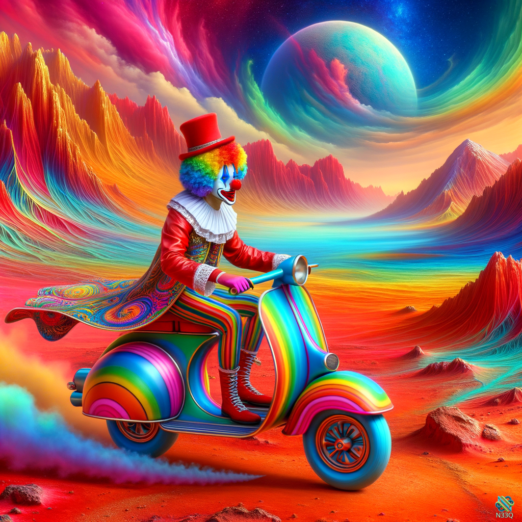 Clown Riding Rainbow Scooter Through Surreal Cosmic Landscape