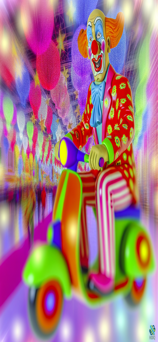 Clown Riding Colorful Scooter Through Carnival