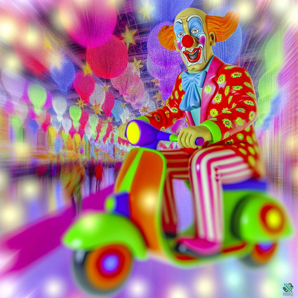 Clown Riding Colorful Scooter Through Carnival