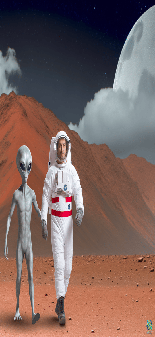 Astronaut and Alien Walking on Mars