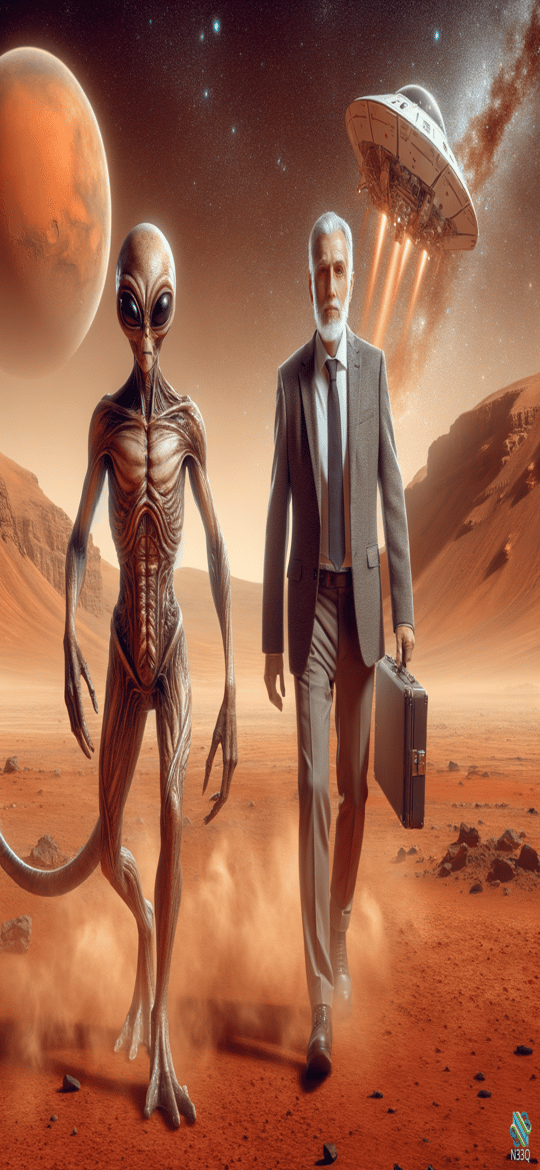 Alien and Businessman on Mars with UFO