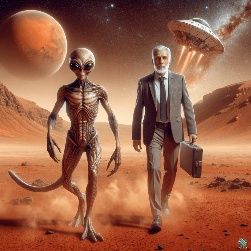 Alien and Businessman on Mars with UFO