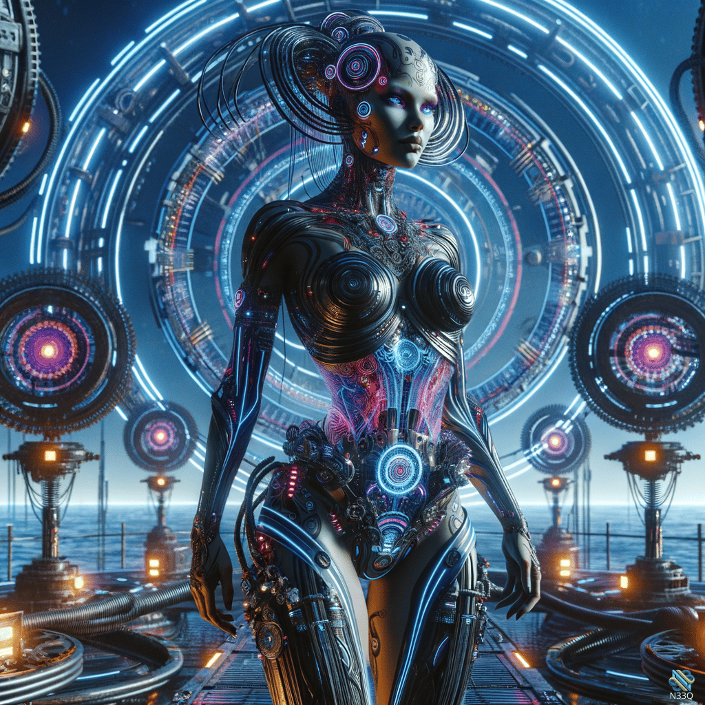 Cybernetic Woman Before Neon Circular Portal