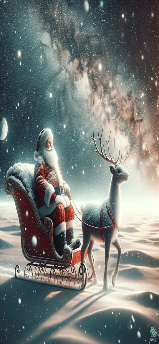 Santa Claus in Sleigh with Reindeer at Night