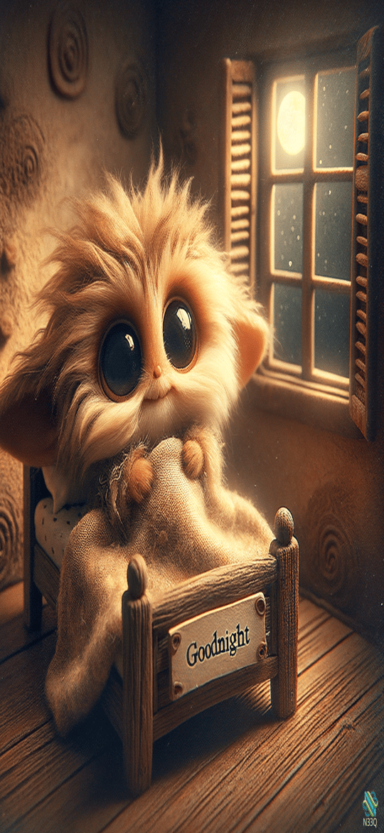 Fluffy Creature in Tiny Wooden Bed