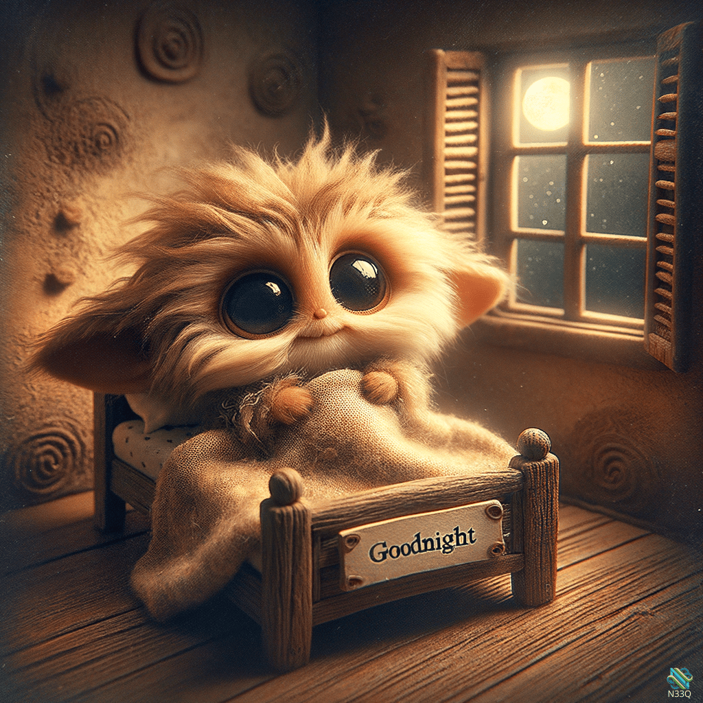 Fluffy Creature in Tiny Wooden Bed