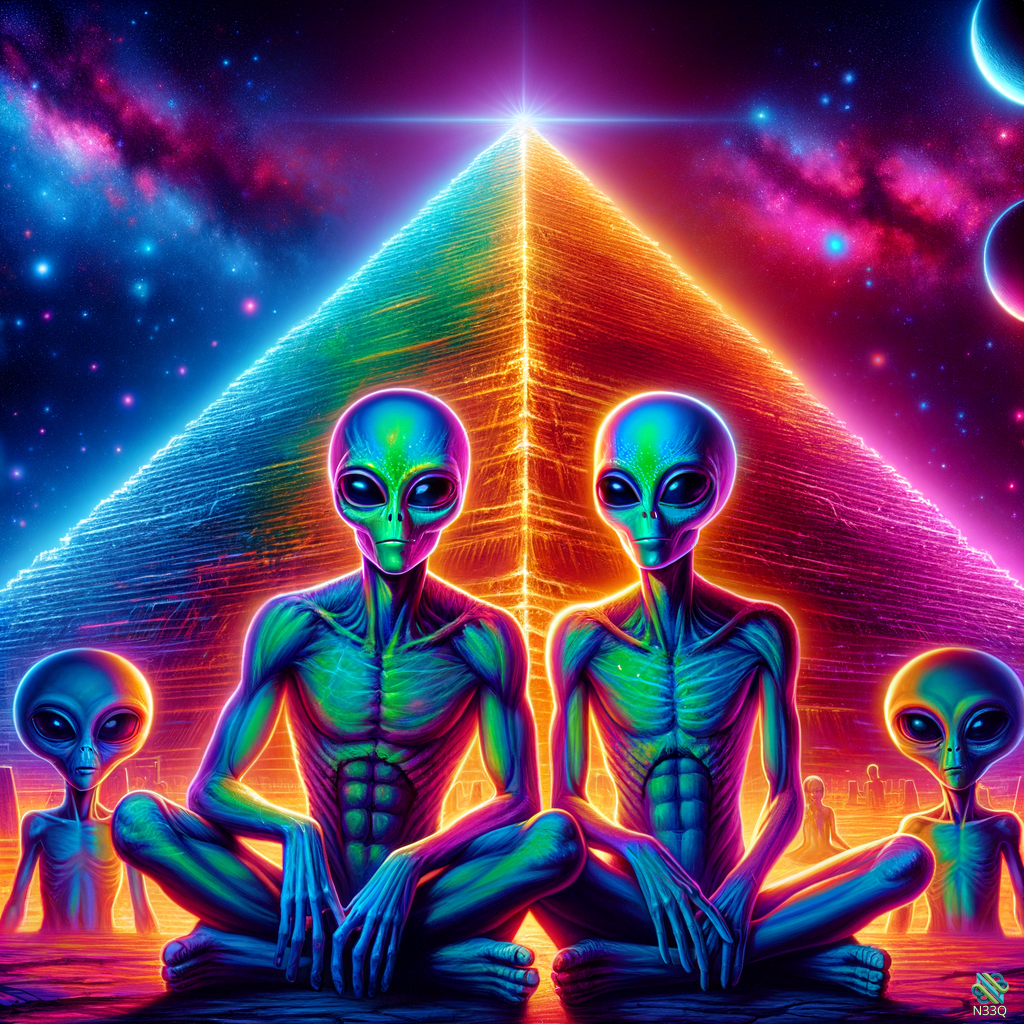 Neon Aliens Before Glowing Cosmic Pyramid