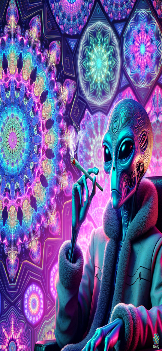 Neon Alien Smoking Cigarette in Psychedelic Mandalas