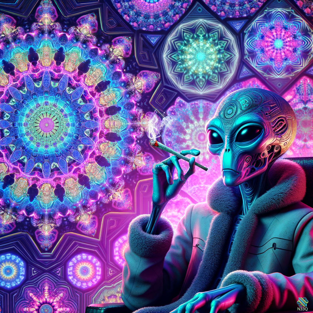 Neon Alien Smoking Cigarette in Psychedelic Mandalas