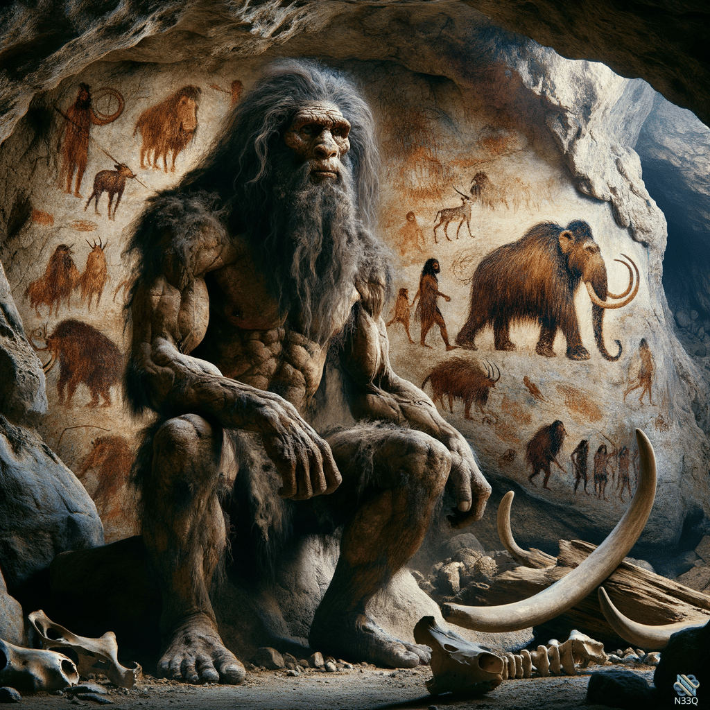 Hairy Caveman Seated in Painted Prehistoric Cave