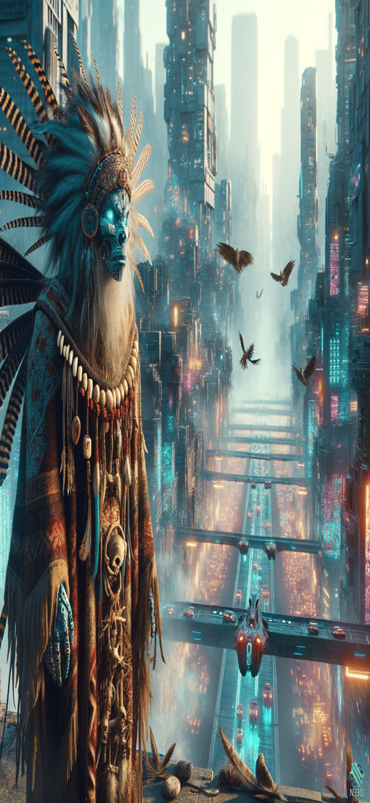 Shaman in Futuristic Neon Cityscape