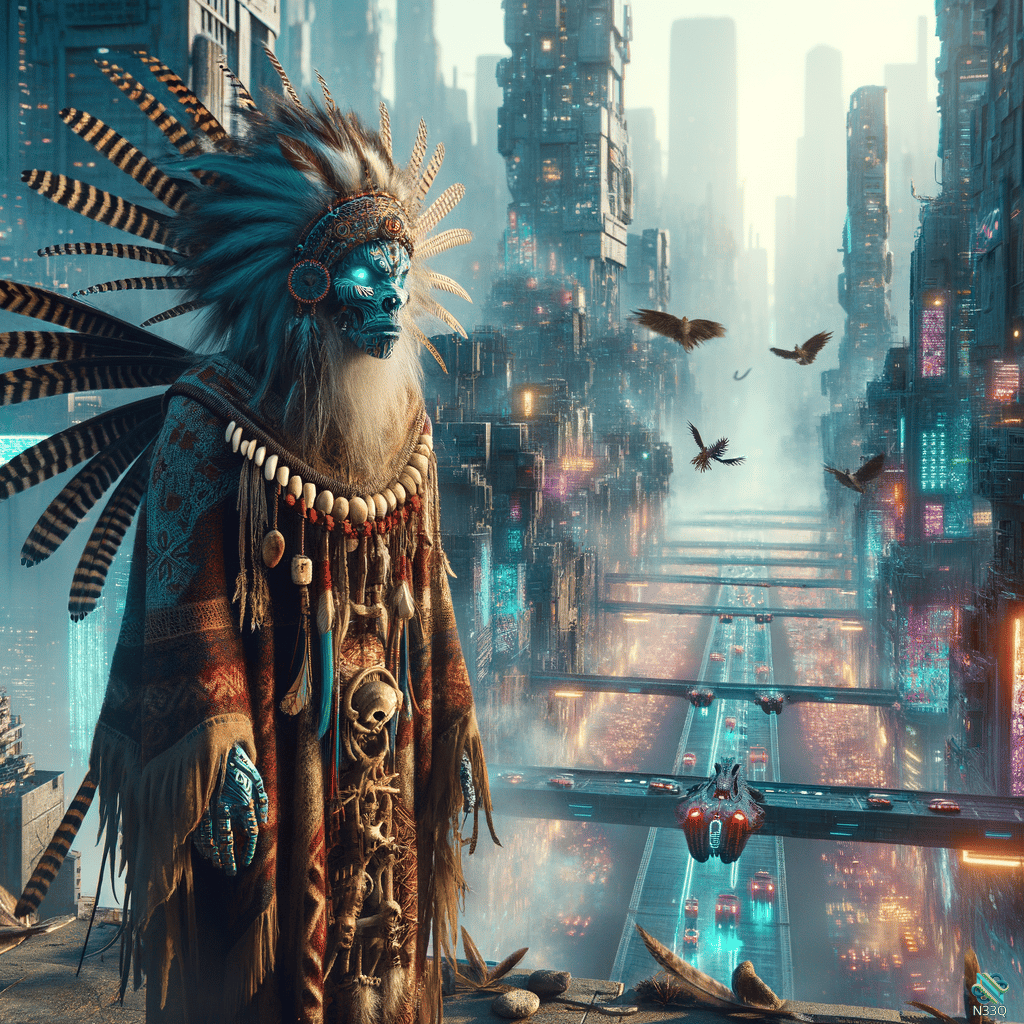 Shaman in Futuristic Neon Cityscape