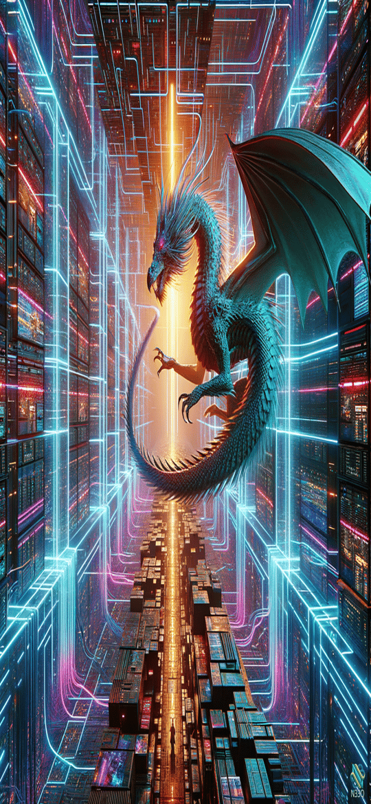 Dragon Soaring Through Neon Server Corridor