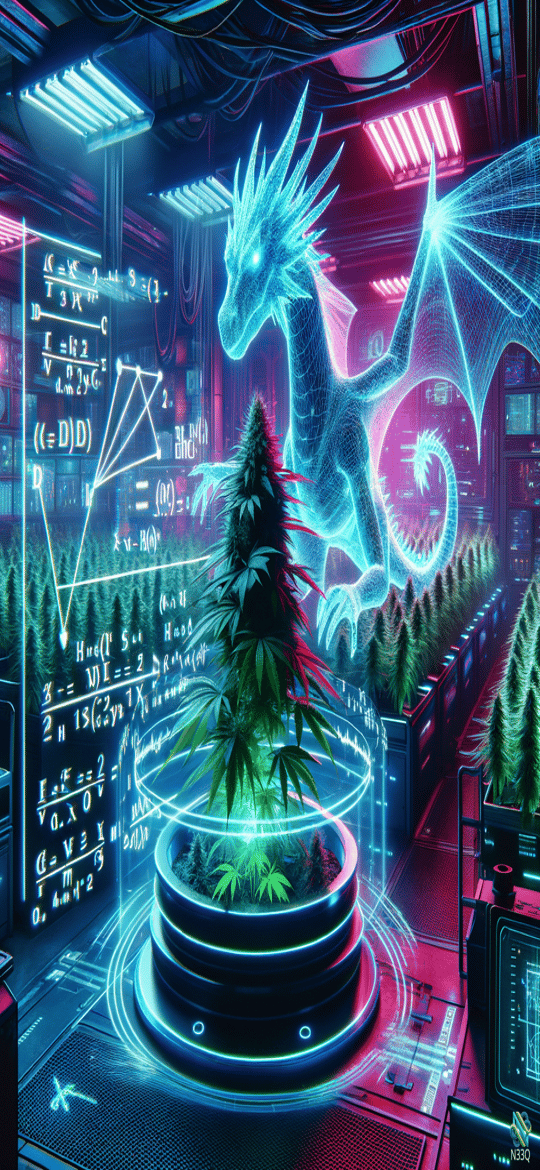 Holographic Dragon Over Cannabis in Neon Lab