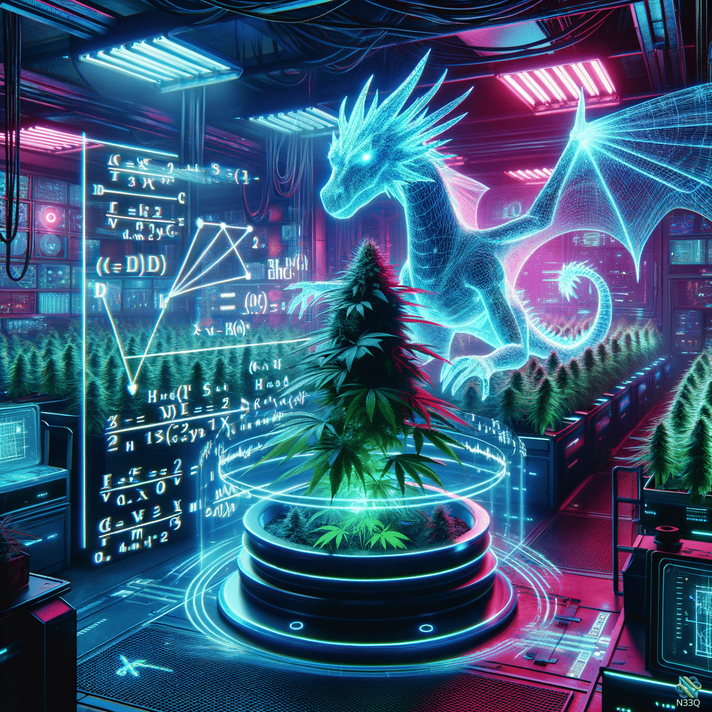 Holographic Dragon Over Cannabis in Neon Lab