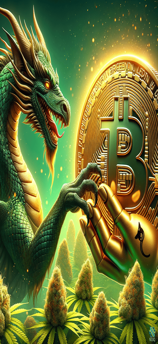 Green Dragon Reaching for Bitcoin Coin