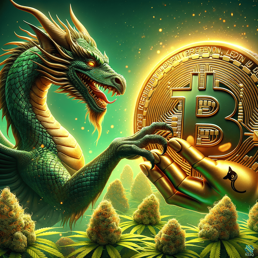 Green Dragon Reaching for Bitcoin Coin