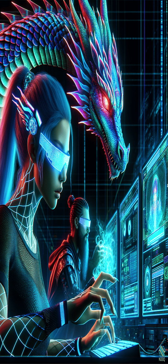 Cyberpunk Woman with Neon Dragon in Control Room