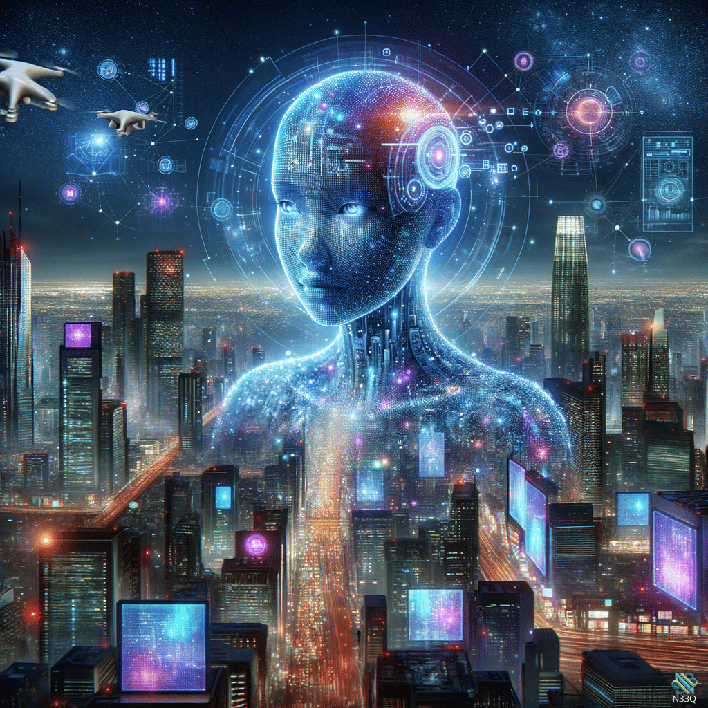 Holographic Woman Over Futuristic Neon City