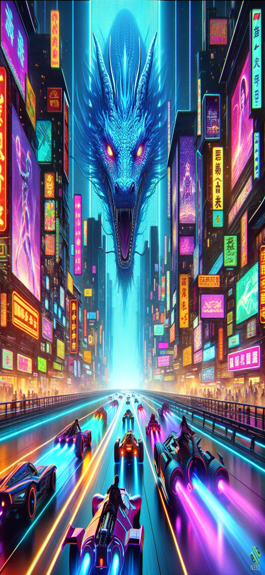 Giant Blue Dragon Over Neon Cyberpunk Highway