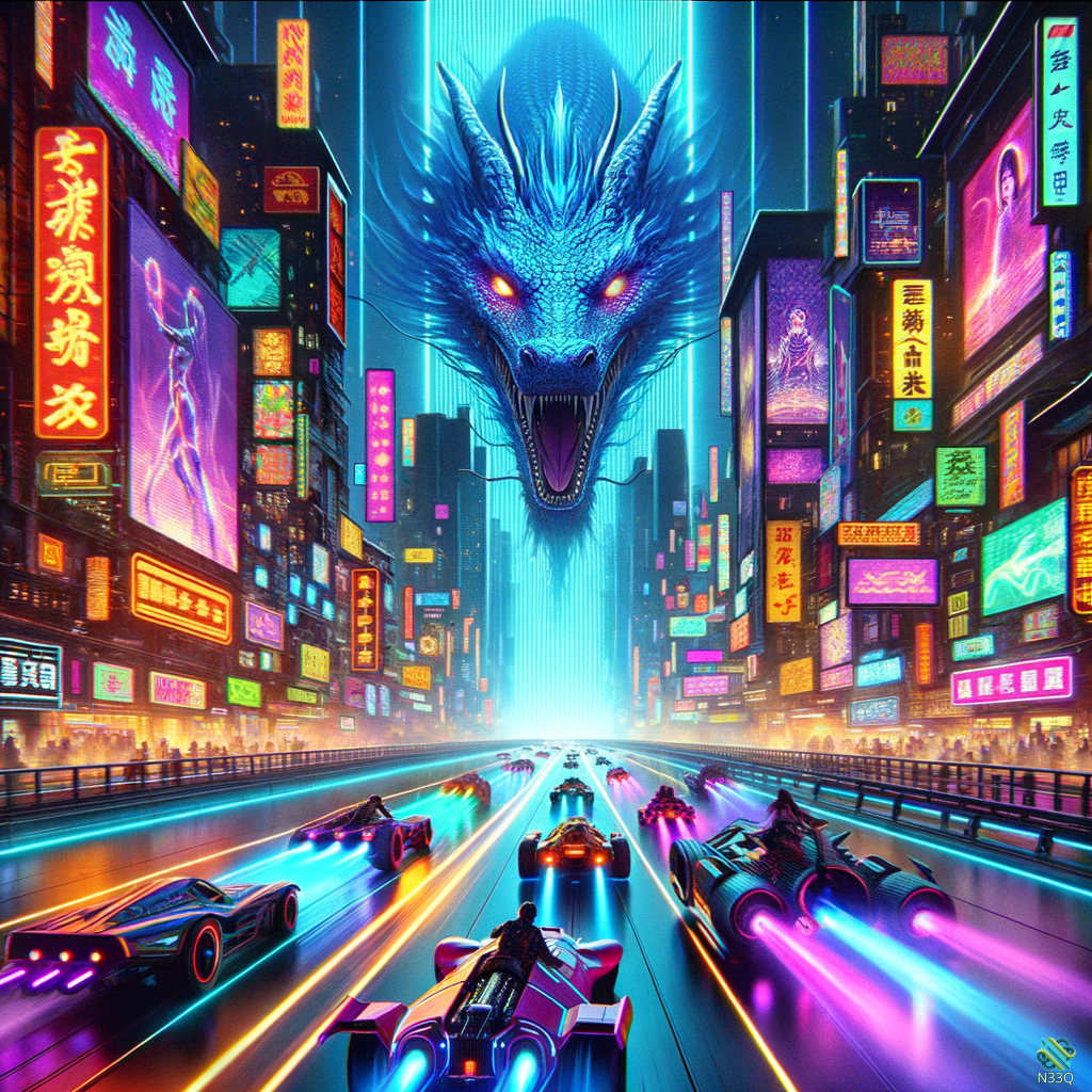 Giant Blue Dragon Over Neon Cyberpunk Highway