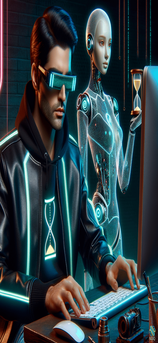 Man and Female Cyborg at Neon Desk