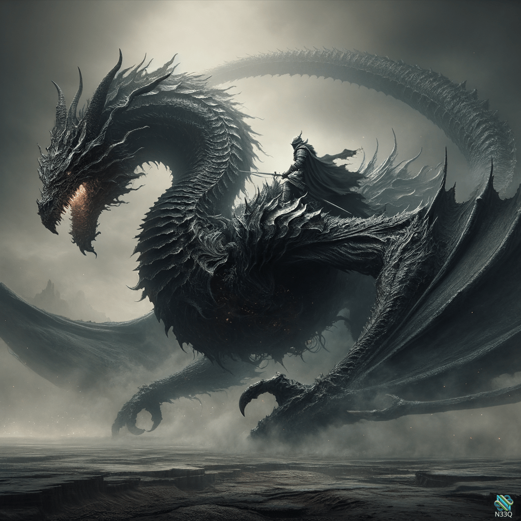 Knight Riding Massive Black Dragon Over Mist