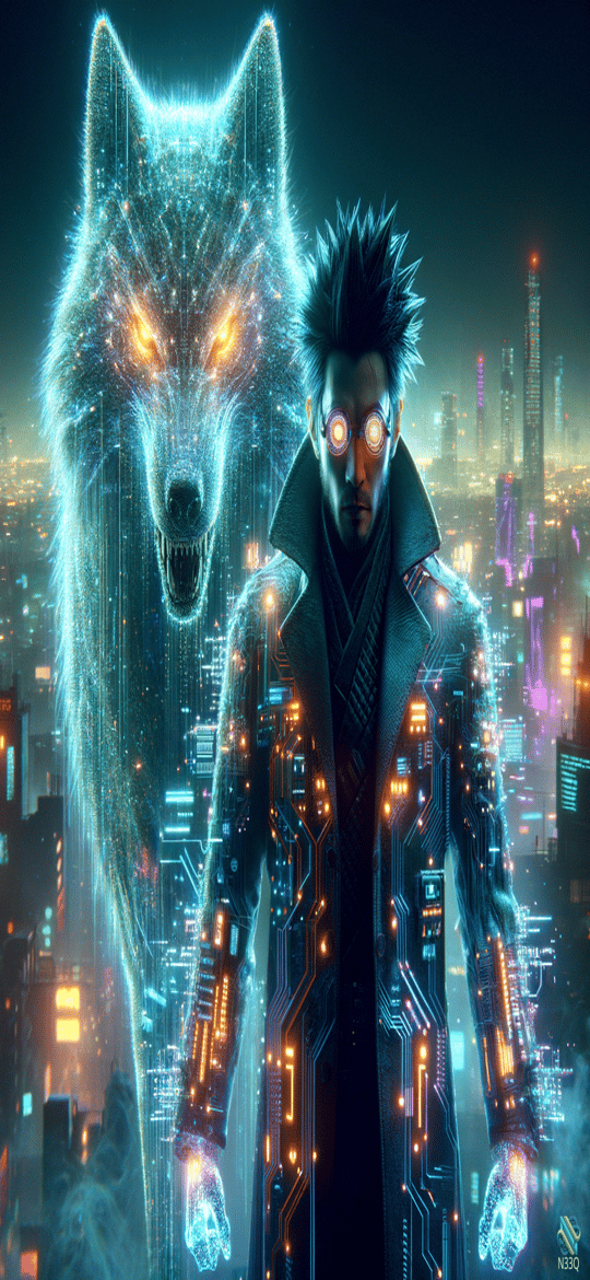 Man with Glowing Wolf in Neon City