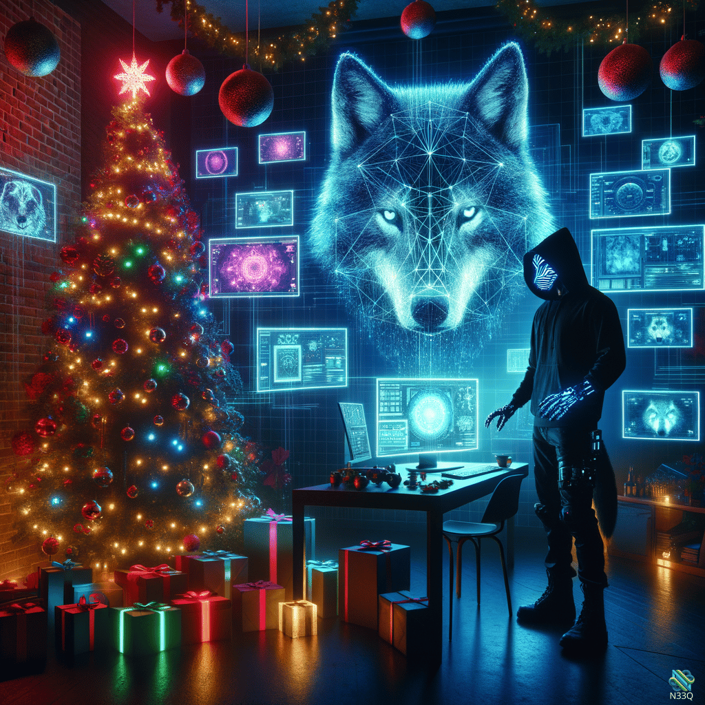 Holographic Wolf and Cyberpunk Christmas Scene