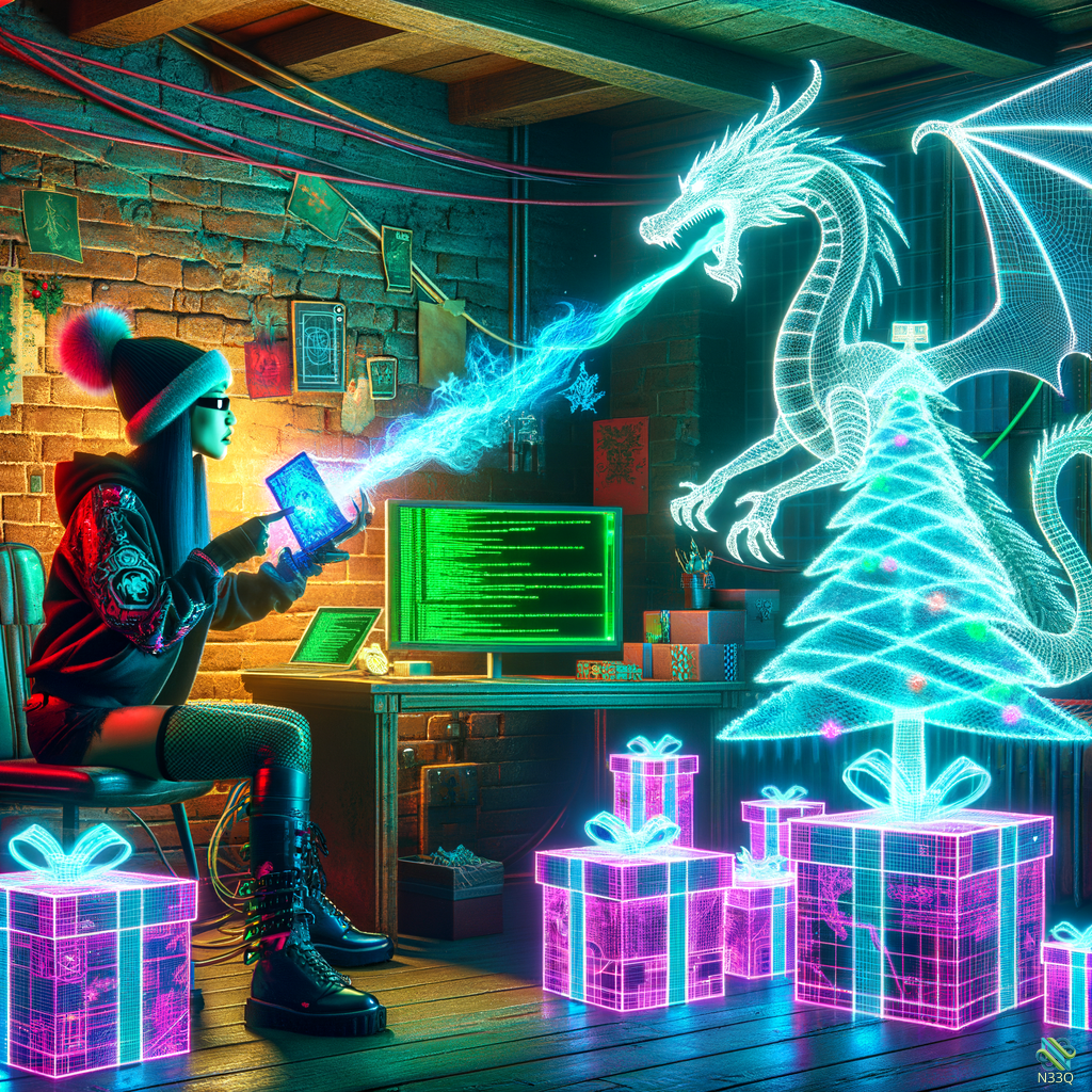 Cyberpunk Woman Projecting Neon Dragon by Tree