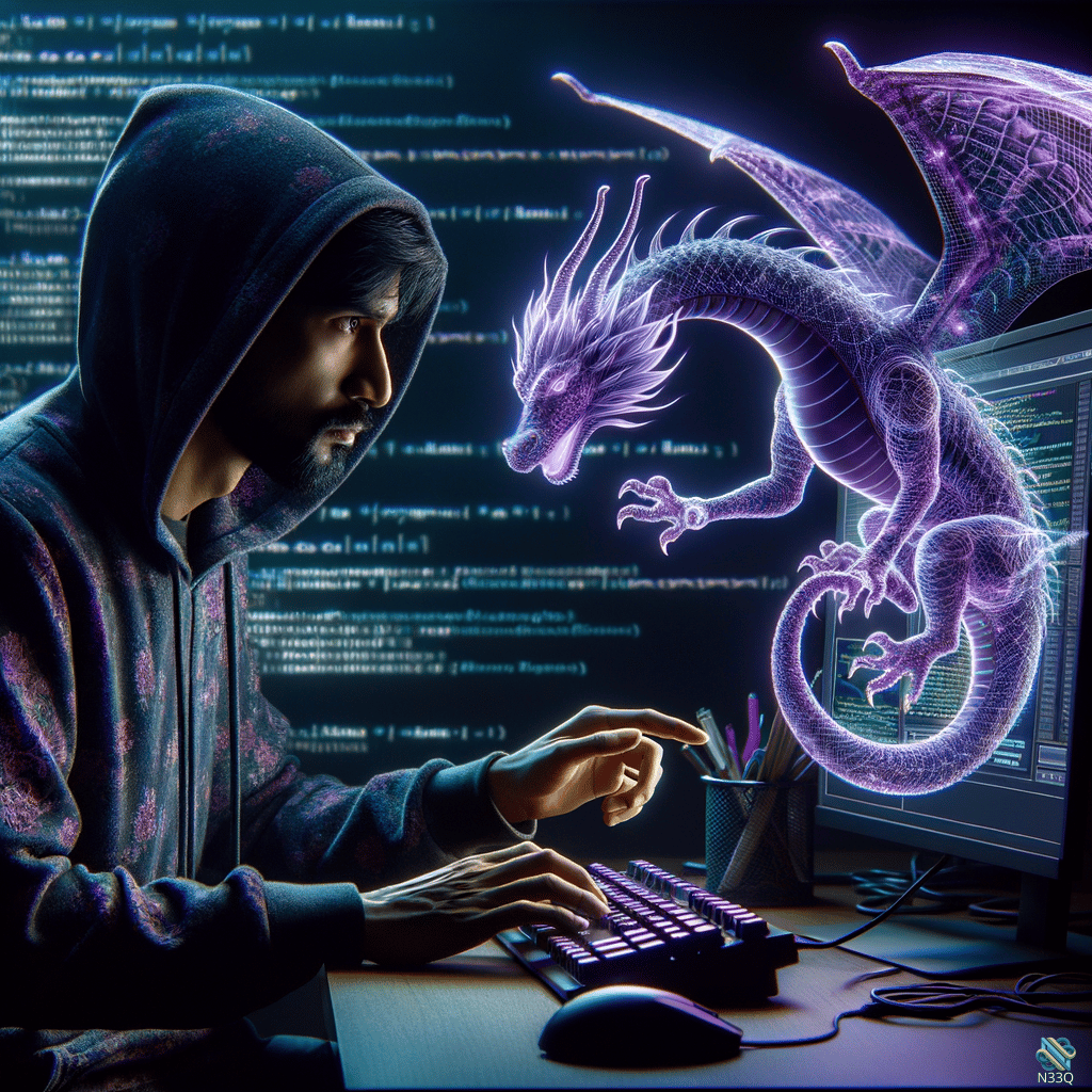 Hooded Programmer with Holographic Purple Dragon