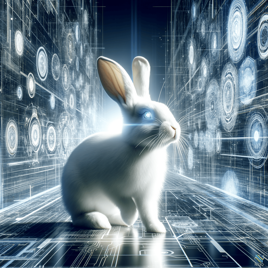 White Rabbit in Neon Digital Corridor