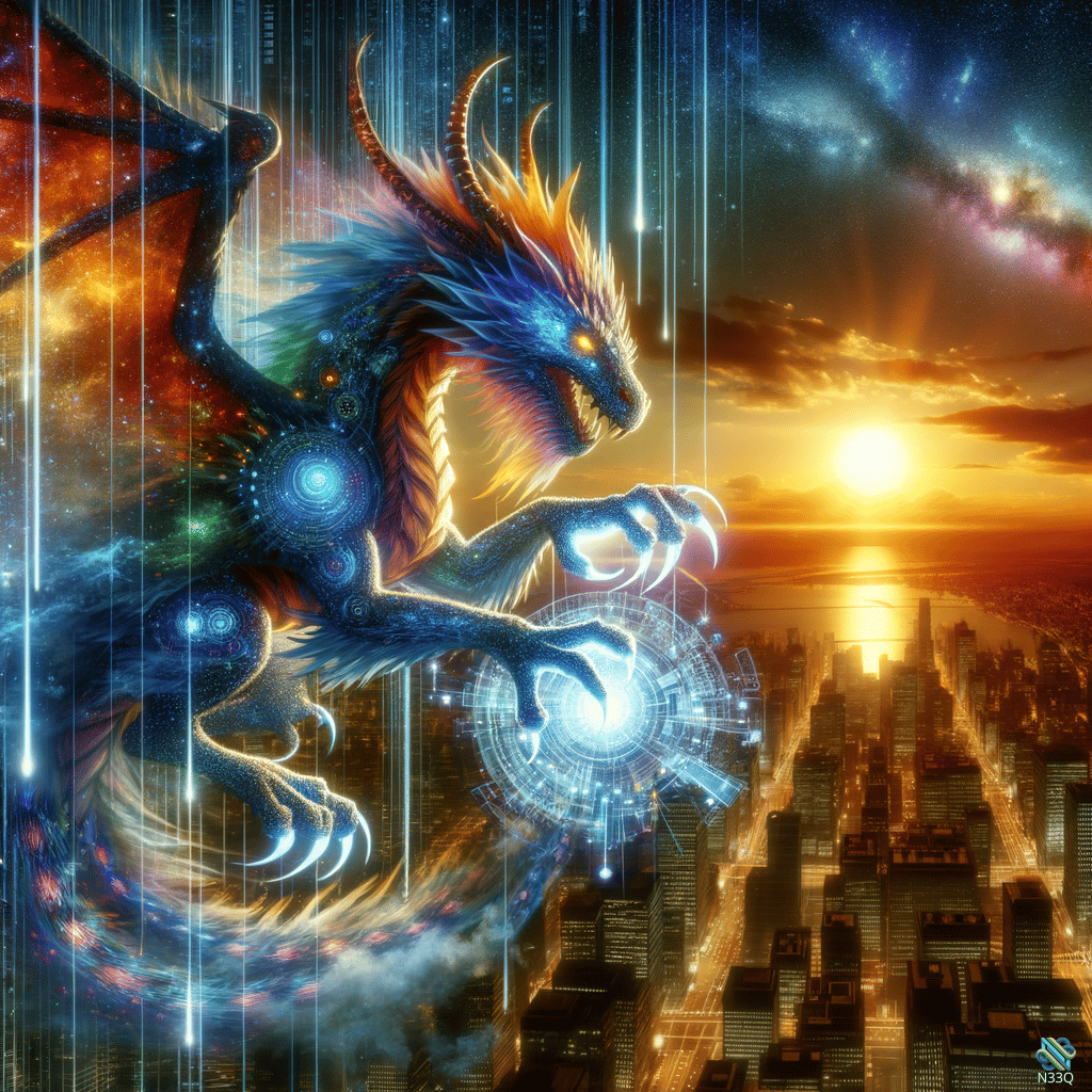 Dragon Grasping Hologram Over Sunset City