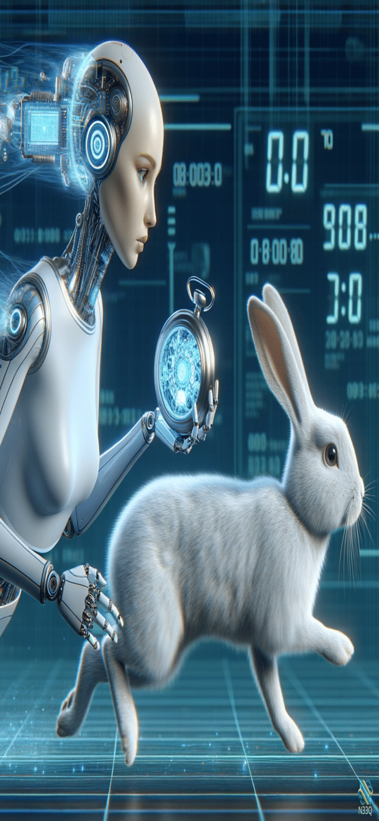 Cyborg with Glowing Watch and White Rabbit