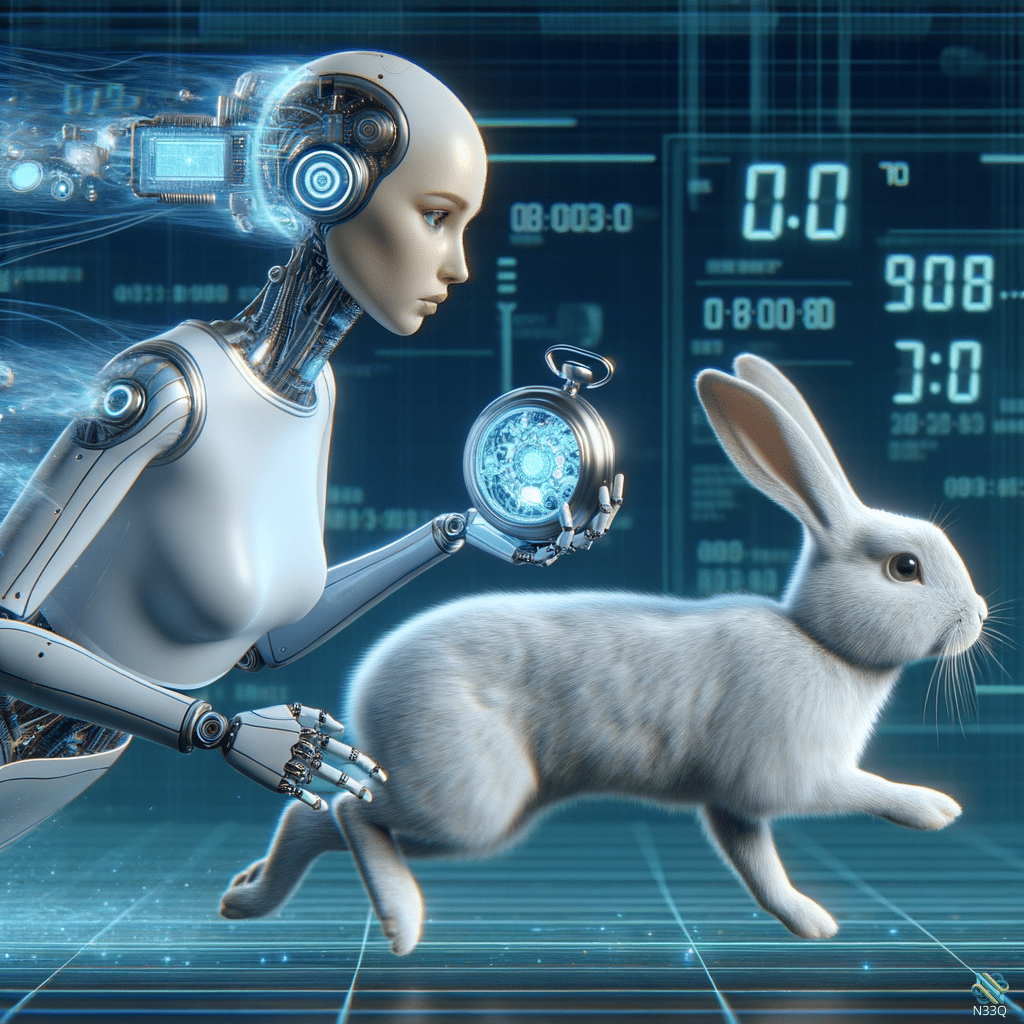 Cyborg with Glowing Watch and White Rabbit