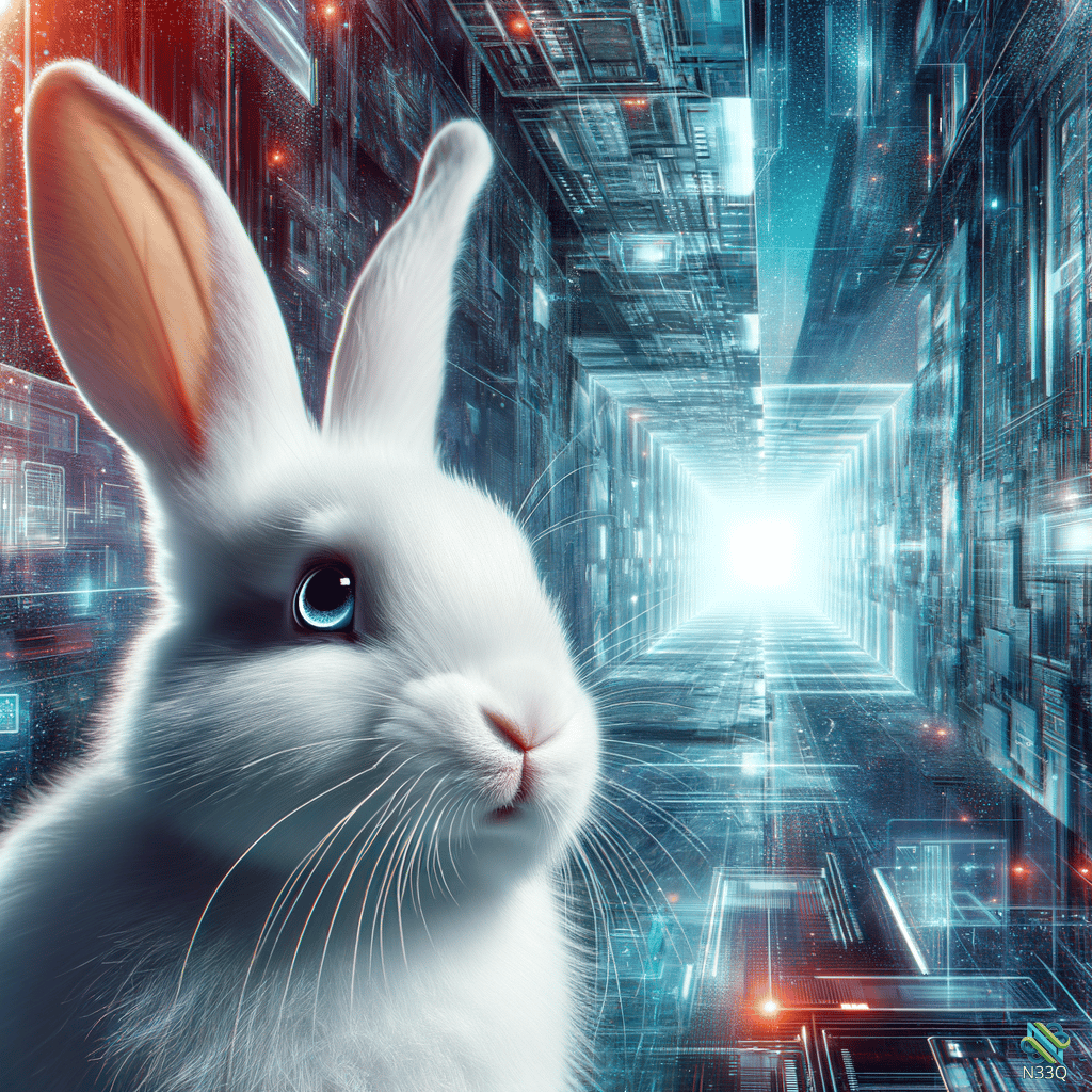 White Rabbit in Neon Cyberpunk Corridor