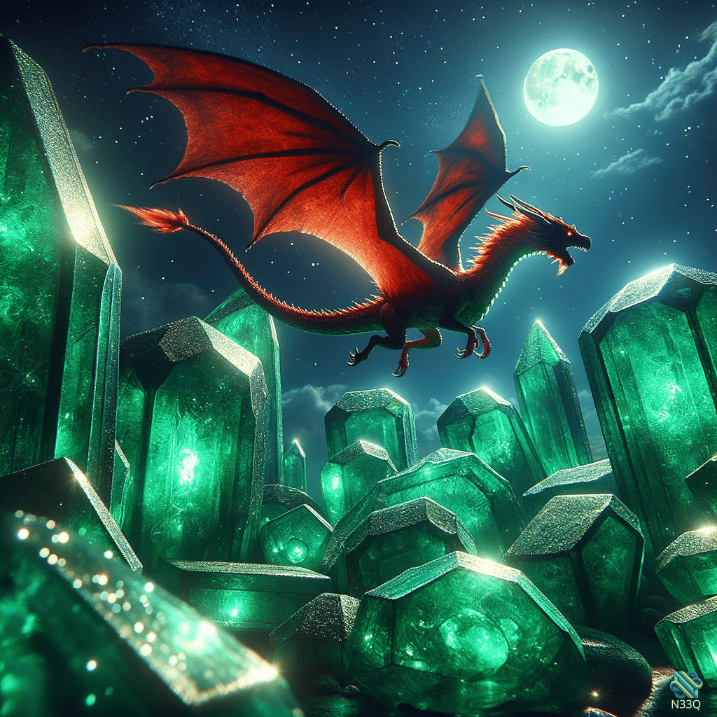 Red Dragon Over Glowing Green Crystals