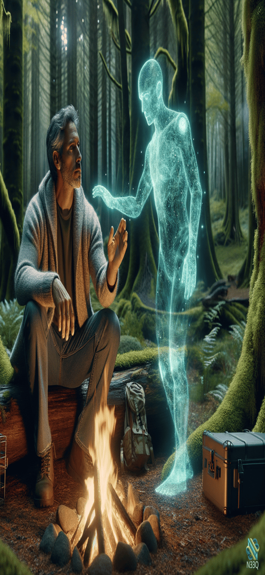 Man Encountering Holographic Figure by Campfire